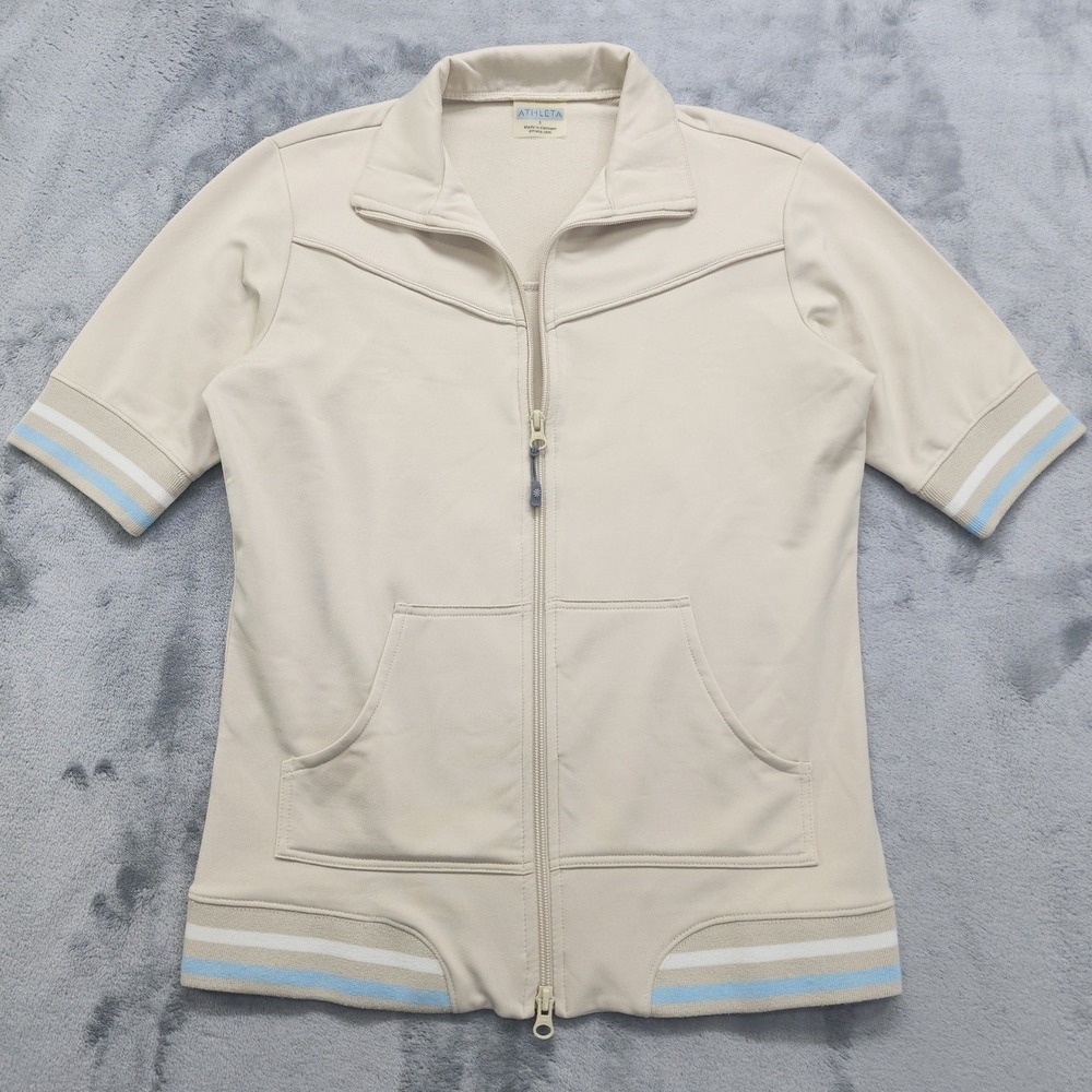Athleta Jacket Womens S Beige Blue Back Flower‎ Full Zip Short Sleeve Athleisure